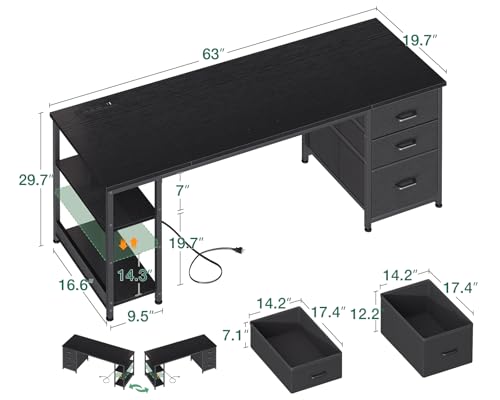 AODK 63 Inch Computer Desk with Drawers & USB Power Outlets - color: Black, size: 63 Inch