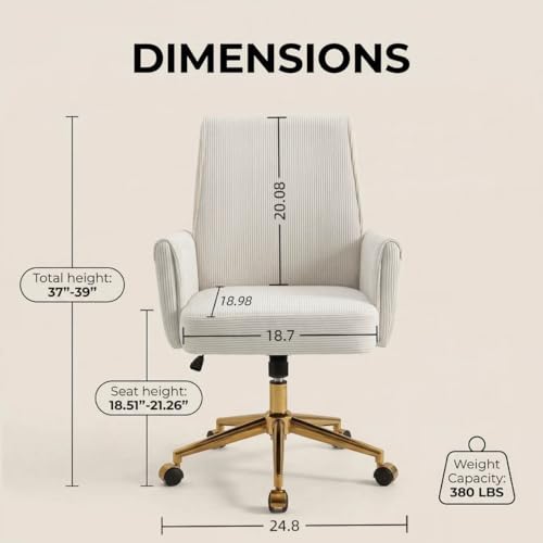 YITAI Stripes Velvet 360°Swivel Desk Chair, Modern Height Adjustable Home Office Armchair with Gold Base and Wheels for Vanity, Comfy Computer Chair for Study Living Room Bedroom（Beige） - color: Beige