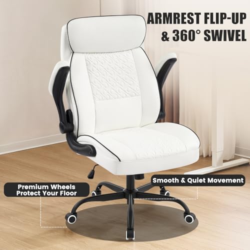 White Office Chair 400lbs, Modern Executive Desk Chair with Lumbar Support, Comfortable Computer Chair with Flip-up Armrests, Adjustable Height Swivel Reclining Chair for Home Office, Faux Leather - color: White-large