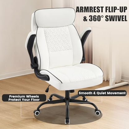 White Office Chair 400lbs, Modern Executive Desk Chair with Lumbar Support, Comfortable Computer Chair with Flip-up Armrests, Adjustable Height Swivel Reclining Chair for Home Office, Faux Leather - color: White-large