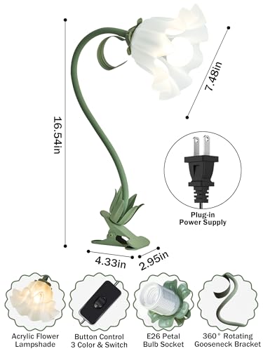 Clip on Light Flower Desk Lamp, LED Reading Light 3 Color Modes Eye-Caring Book Light Flexible Gooseneck Bedside Clip on Lamp for Desk Piano Office Bed Headboard Dorm (Green Lamp) - color: Green Lamp
