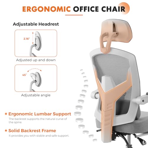 Sweetcrispy Ergonomic Office Chair, Computer Desk Chair with Lumbar Support | Adjustable Footrest, High-Back Mesh, 360° Rolling Swivel Work, Comfy Arms for Home Bedroom, Light Grey - color: Light Grey