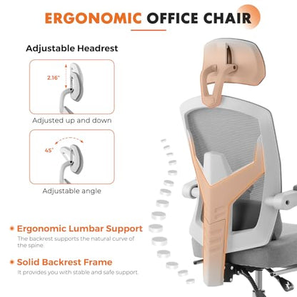 Sweetcrispy Ergonomic Office Chair, Computer Desk Chair with Lumbar Support | Adjustable Footrest, High-Back Mesh, 360° Rolling Swivel Work, Comfy Arms for Home Bedroom, Light Grey - color: Light Grey
