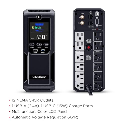 CyberPower CP1350AVRLCD3 Intelligent LCD UPS Battery Backup | 1350VA/815W, 12 Outlets, 2 USB Ports, AVR, Mini Tower, UL Certified - size: 1350VA