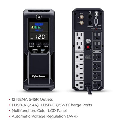 CyberPower CP1350AVRLCD3 Intelligent LCD UPS Battery Backup | 1350VA/815W, 12 Outlets, 2 USB Ports, AVR, Mini Tower, UL Certified - size: 1350VA
