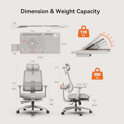 Newtral Ergonomic Office Chair, Auto-Following Lumbar Support Desk Chair with Footrest (Grey, 5D Headrest +Laptop Tray) - color: Grey, size: 5D Headrest +Laptop Tray