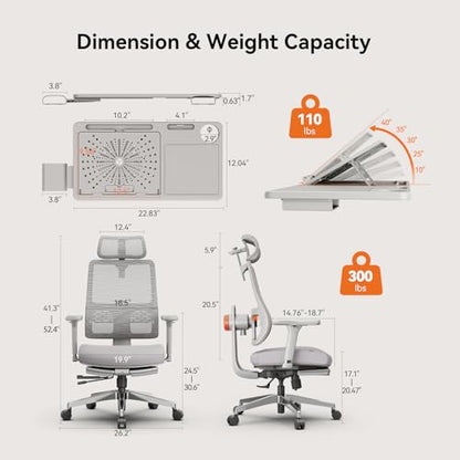 Newtral Ergonomic Office Chair, Auto-Following Lumbar Support Desk Chair with Footrest (Grey, 5D Headrest +Laptop Tray) - color: Grey, size: 5D Headrest +Laptop Tray