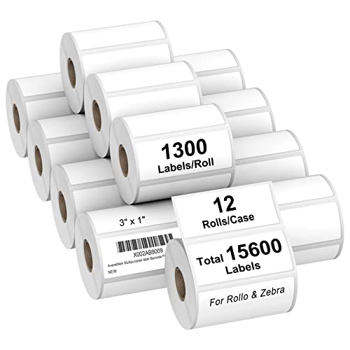AveneMark 12 Rolls 3" x 1" Direct Thermal Labels for Barcodes Postage Address Shipping Labels Compatible with Rollo & Zebra Desktop Printers Adhesive - 1300Pcs/Roll - size: 3"x 1"(12 Rolls-15600 Labels)