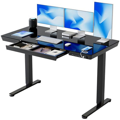 BANTI Electric Standing Desk with Drawers, 55 inch Whole-Piece Glass Desktop, Height Adjustable Stand up Sit Stand Home Office Ergonomic Workstation, Black Tabletop - color: Black, size: 55 Inch