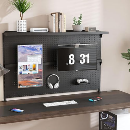 Clamp-On Metal Desk Pegboard with Dual Monitor Stand–No Drilling Needed! 59x35 Inch Steel Privacy Panel with Hooks & Movable Partition, Peg Board Wall Organizer for Gaming & Office - color: Black