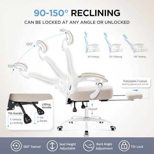 Ergonomic Office Chair with Footrest,Ultra Thick Desk Chair,Cream - color: Cream