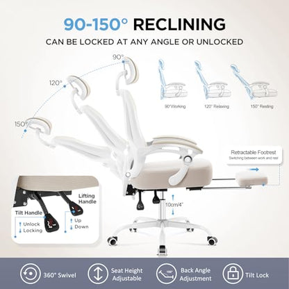 Ergonomic Office Chair with Footrest,Ultra Thick Desk Chair,Cream - color: Cream