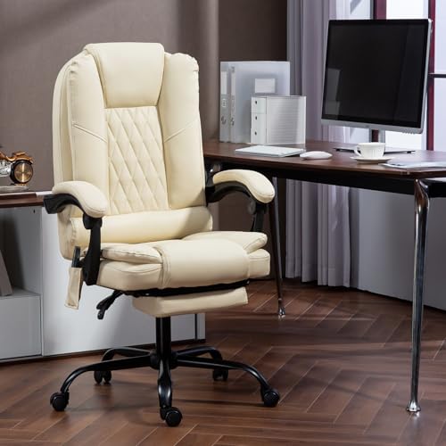 ECOTOUGE Ergonomic Comfy Desk Chair, High Back Computer Chair, Beige | 6-Point Heated Massage Office Chair with Footrest, Executive High Back PU Leather Computer Chair with Armrest & Reclining - color: Beige