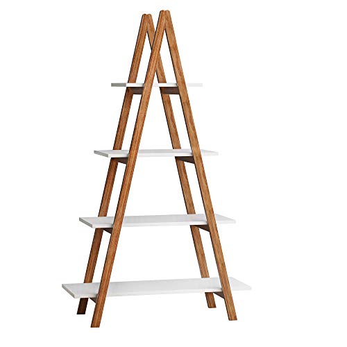 White Ladder Bookshelf – 4-Tier Wooden Ladder Shelf with Solid Bamboo A-Frame, Freestanding Display Shelf for Home & Office, Scratch-Resistant, Easy Assembly