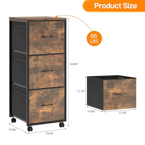 VINGLI 3 Drawer File Cabinet 34.8” Height, Rolling File Cabinet Mobile Tall File Cabinet with Wheels, Fabric Drawers Printer Stand for Home Office, Fits Letter Size, Rustic Brown - color: Rustic Brown, size: High 3 Drawers