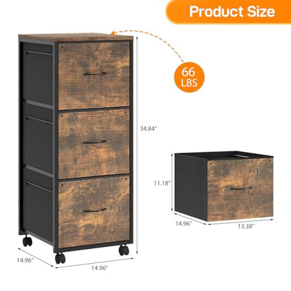 VINGLI 3 Drawer File Cabinet 34.8” Height, Rolling File Cabinet Mobile Tall File Cabinet with Wheels, Fabric Drawers Printer Stand for Home Office, Fits Letter Size, Rustic Brown - color: Rustic Brown, size: High 3 Drawers