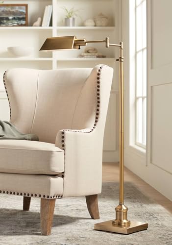 Jenson Adjustable Height Brass Swing Arm Pharmacy 54" Tall Floor Lamp | Traditional Farmhouse Metal Aged Shade Standing Pole Light for Living Room Reading House Bedroom Home Office - color: Brass