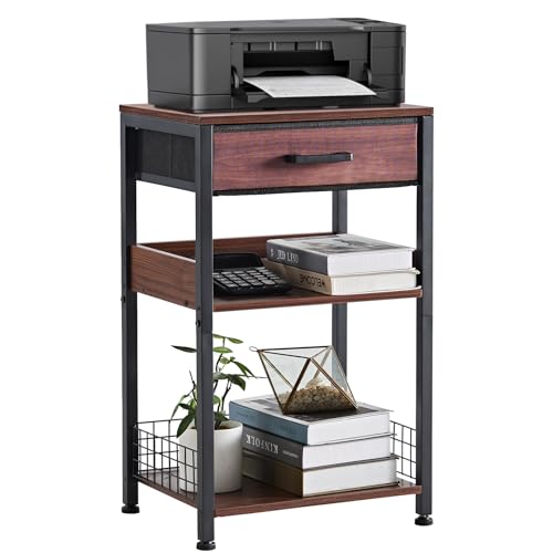 Lerliuo 3-Tier Printer Stand with Fabric Drawer and Shelves, Walnut | Three-tier printer stand with fabric drawer and two shelves for paper, office supplies, scanners and fax machines - color: Walnut