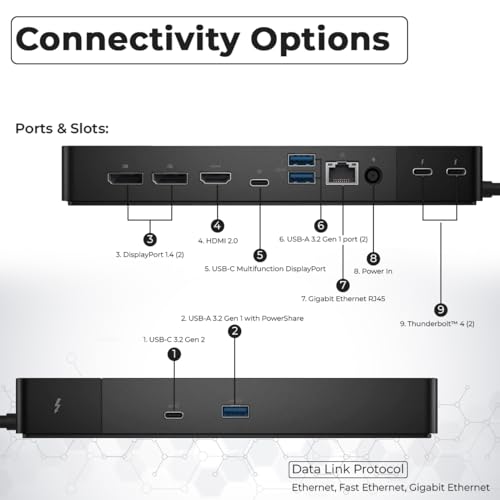 Dell WD22TB4 Thunderbolt 4 Dock - 1 Year Warranty, 40Gbps USB-C/USB A, Dell Docking Station w/ 180W Adapter, HDMI, DisplayPort, USB-C Cables - Supports 4K Displays & Upto 3 Monitors (Renewed)