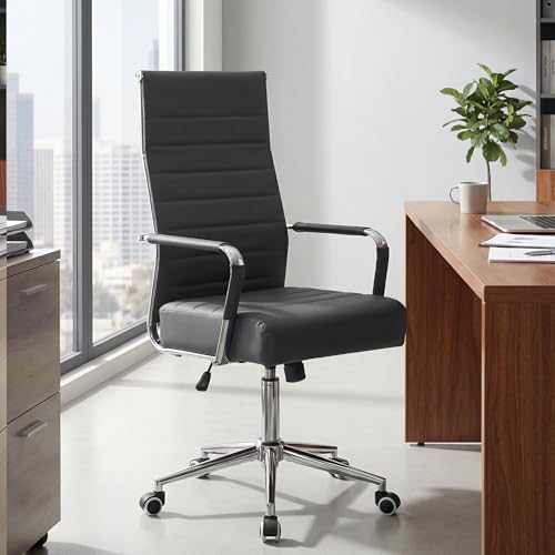 JOMEED Office Desk Chair,Conference Room Chair,High Back PU Leather Swivel | Modern Executive Ribbed Design, Ergonomic, Height Adjustable, Wheels and Arms, for Home Office(Grey-Silver Frame) - color: Grey-sliver Frame