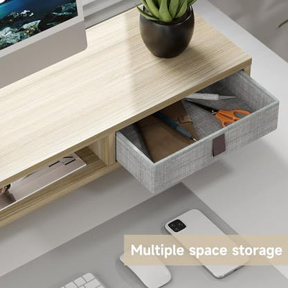 Fenge Dual Monitor Stand, 2-Tier Desk Organizer with Drawers, 42.5in, Oak - color: Oak