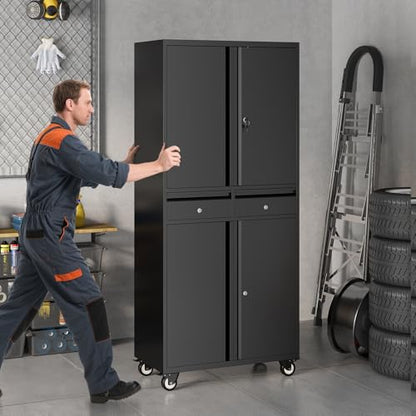 Metal Garage Storage Cabinet with 4 Wheels and 2 Drawers, 72" Heavy Duty Rolling Tool Storage Cabinet Organizer, Locking Doors and Adjustable Shelves for Garage, Workshop, Office, Warehouse