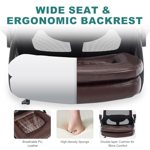 Big and Tall Office Chair, 500lbs Heavy Duty Ergonomic Mesh, Brown | Flip-Up Armrests, Plus Size PU Leather Wide Seat, 360° Swivel Computer Executive Task Chair for Home Office, Up to 500LBS Cap - color: Brown, size: 2BOX