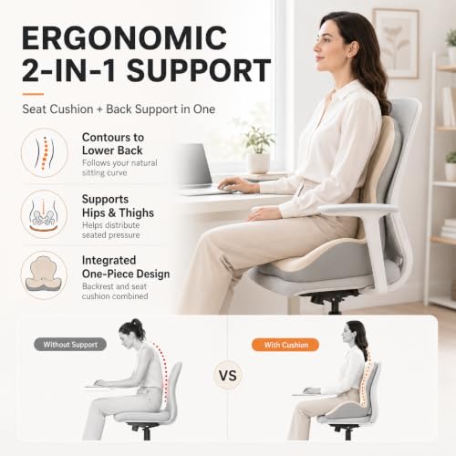 Saker Ergonomic Memory Foam Seat Cushion with Back Support, 2-in-1 Coccyx Cutout Chair Pad for Office, Car, Gaming Chair and Wheelchair, Contoured Lumbar Support for Long Sitting (Black)