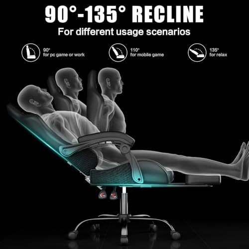 Czlolo Gaming Chair with Footrest Racing Style Lumbar Support Massager Video Game Chair with Metal Legs, High Back Gamer Chair with Headrest, 360° Swivel Office Computer Desk Chair (Black) - color: Black
