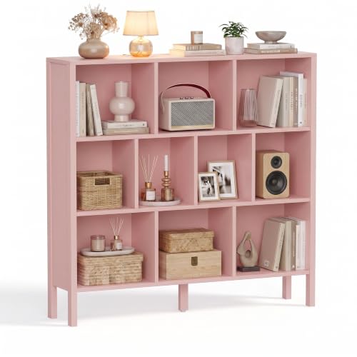 KIGOTY 10 Cube Modern Bookcase, 3-Tier Open Storage Organizer, Freestanding Bookshelf with Legs, Narrow Bookcase for Living Room, Bedroom & Office (Pink) - color: Pink