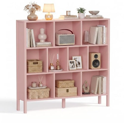 KIGOTY 10 Cube Modern Bookcase, 3-Tier Open Storage Organizer, Freestanding Bookshelf with Legs, Narrow Bookcase for Living Room, Bedroom & Office (Pink) - color: Pink