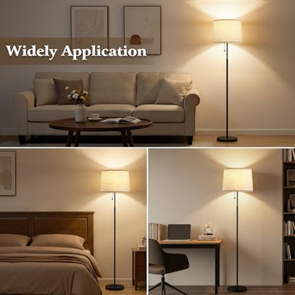 Floor Lamps for Living Room & Bedroom, 60" Modern Tall Standing Lamp, 3CCT | Lamps for Office, Classroom, Bedside, Linen Lampshade, Pull Chain Switch, Modern Design, Anti-glare Lighting, Easy Assembly - color: Linen T-Shades+Black Pole