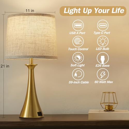 Touch Table Lamps Set of 2, 21" Bedside Lamps with USB C+A, Gold | 3 Way Dimmable Nightstand Lamps with Linen Shades, 2 LED Bulbs Included, Touch Lamp for Living Room, Bedroom and End Tables - color: Gold 2pcs