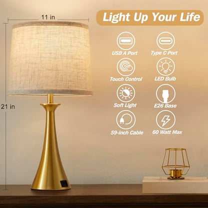 Touch Table Lamps Set of 2, 21" Bedside Lamps with USB C+A, Gold | 3 Way Dimmable Nightstand Lamps with Linen Shades, 2 LED Bulbs Included, Touch Lamp for Living Room, Bedroom and End Tables - color: Gold 2pcs