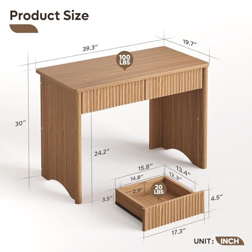 Bestier 40-Inch Fluted Wood Computer Desk with 2 Silent Drawers, Light Wood | Vertical Fluted, 2 Storage Drawers Silent Damping, 40x20 in, 30in Ergonomic, Scratch-Resistant Melamine, Non-Slip Pads - color: Brown, size: 40 Inch