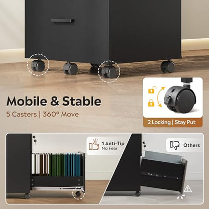 DEVAISE 3 Drawer File Cabinet with Lock & Wheels, Wood Printer Stand, Black - color: Black
