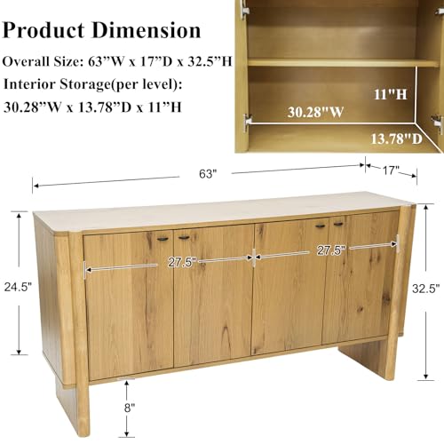 Ya-Home Modern Sideboard Buffet Cabinet with Storage, Accent Farmhouse Buffet Coffee Bar Cabinet with 4 Doors, Wooden Media Console Table Credenza for Living Room/Kitchen/Entryway, Natural - color: Natural