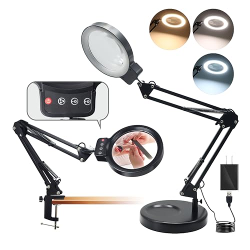 10X/20X Magnifying Glass with Light and Stand, LED Desk Magnifying lamp with Base and Clamp, 3 Color Mode, 10 Dimmable Levels Desktop Magnifier, Crafts Jewelry Sewing Close Work (Black) - color: Black