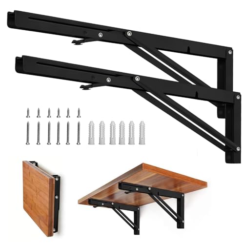 Storystore Folding Shelf Brackets - 22 Inch Heavy Duty Metal Collapsible Shelf Bracket for Bench Table, Shelf Hinge Wall Mounted Space Saving DIY Bracket, Max Load: 150 lb (2 PCS, Black) - size: 22 Inch