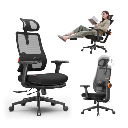 Office Chair Ergonomic with Footrest, Auto-Following Lumbar Support, High Back Desk Chair with 4D Armrest,136° Tilt Lock, Adjustable Seat Depth & Heigh - color: Black, size: 2D Headrest