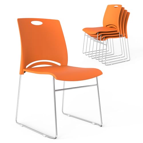 VINGLI Stacking Chairs Set of 5 Stackable Office Chairs with Metal Sled Base, Ergonomic Plastic Seat, Stacking Chairs for Waiting Room Break Room Banquet Guest, Orange - color: Orange, size: 5 Pack