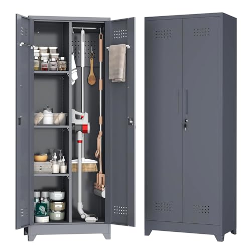 Broom Closet,Broom Closet Storage Cabinets with Lock, 65" Metal Garage Organization Cabinet,Cleaning SupplyUtility Storage Cabinet with Pegboard & Shelves for Laundry Room,Workshop - color: Dark Gray, size: 65"H-2doors