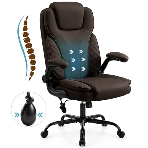 Ergonomic Office Chair, PU Leather High Back Executive Chair with Adjustable Inflatable Lumbar Support and Padded Flip-Up Arms, Recline Swivel Task Computer Chair for Home Office, Dark Brown - color: Dark Brown