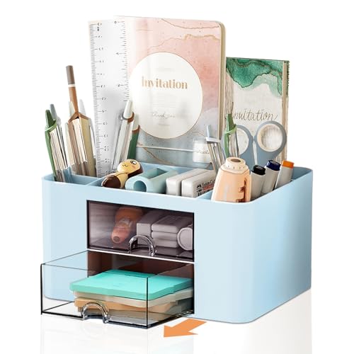 Cayxenful Pencil Pen Holder for Desk,2 Drawer Desk Organizers,5 Compartments Desktop Storage Stationery Supplies Organizer, Cute Pencil Cup Pot For Office, School, Home(Blue) - color: Blue