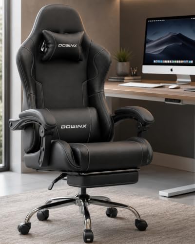 Dowinx Ergonomic Gaming Chair with Footrest & Massage Lumbar, 2D-Linkage Armrests for Computer Chair 330lbs with Headrest Pillow for Office, Home, Streaming and Long Gaming Sessions, Black - color: Black