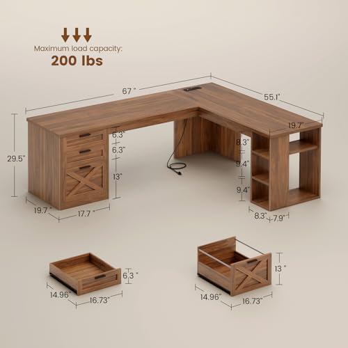 SEDETA 67" Farmhouse L Shaped Desk with 3 Drawers, Executive Home Office Desks with Storage Shelves, Corner Computer Desk with Power Outlets for Home Office, Brown | Executive Home Office Desks with Storage Shelves, Corner Computer Desk with Power Outlets