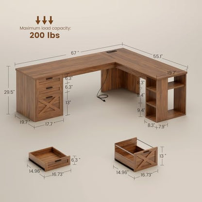 SEDETA 67" Farmhouse L Shaped Desk with 3 Drawers, Executive Home Office Desks with Storage Shelves, Corner Computer Desk with Power Outlets for Home Office, Brown | Executive Home Office Desks with Storage Shelves, Corner Computer Desk with Power Outlets