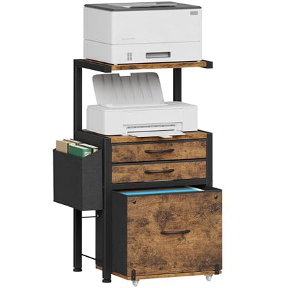 3-Drawer File Cabinet, Rustic Brown,16.5" W | Side Bag & File Drawer, A4/Letter Size Compatible, Vertical Printer Table, Storage for Home Office