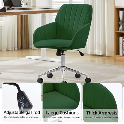 YITAI Velvet Office Desk Chair with Silver Foot Base, with Wheels,Modern Height Adjustable 360 Degree Swivel Upholstered Vanity Chairs with Arms for Living Room Bedroom,Green - color: Silver Green