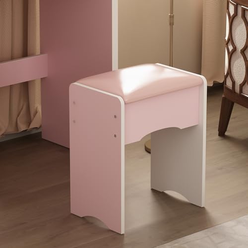 ECACAD Vanity Desk Set with LED Lighted Round Mirror, Makeup Dressing Table with 5 Drawers, Storage Shelves & Cushioned Stool for Bedroom, Pink - style: Pink-With Light